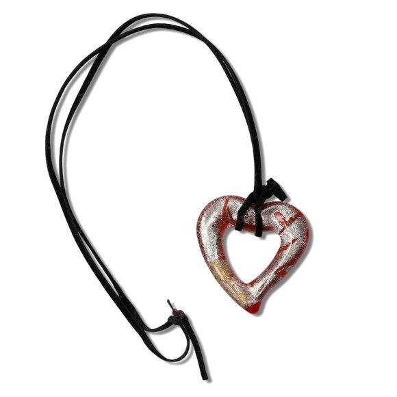 Glass Heart Pendant Fabric Cord Band Metallic Silver Red Y2K Boho - Picture 1 of 6